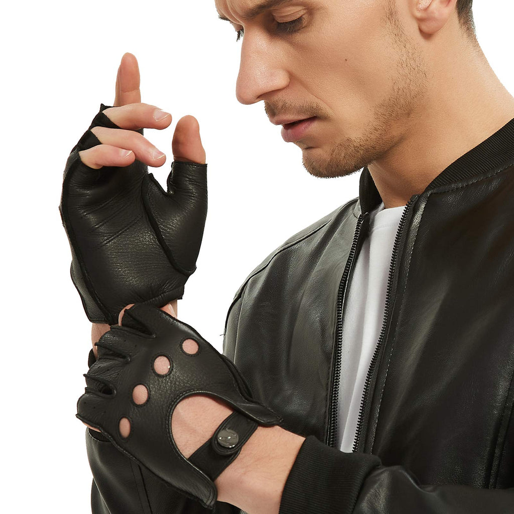 [Australia] - Fingerless Leather Gloves Men - NOVBJECT Driving Gloves Deerskin Unlined Half Finger Motorcycle Outdoor Black Small 