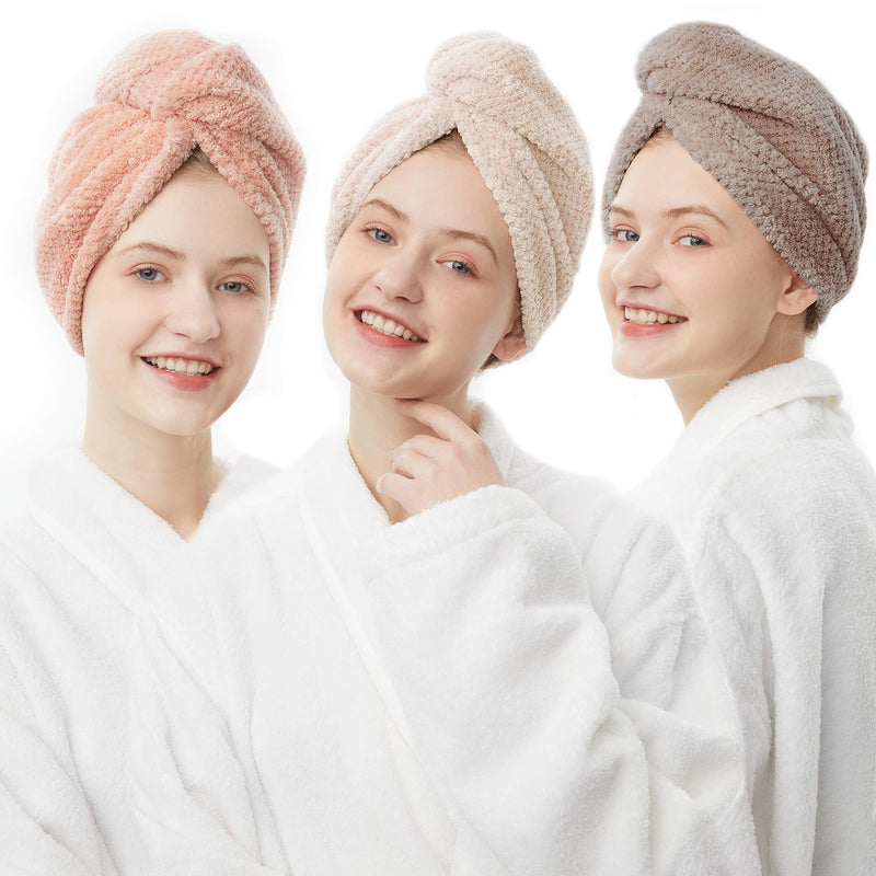 [Australia] - ELLEWIN Hair Towel Wrap 3 Pack, Microfiber Hair Drying Shower Turban with Buttons, Super Absorbent Quick Dry Hair Towels for Curly Long Thick Hair, Rapid Dry Head Towel Wrap for Women Anti Frizz Coffee & Pink & Beige 