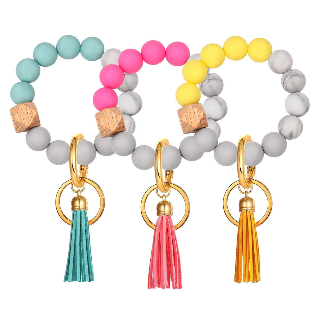[Australia] - HZEYN 3 Pack Silicone Bead Keyring Bracelet Wristlet Keychain w/ Tassel House Car Key Ring Holder Pink,lake Blue,yellow 