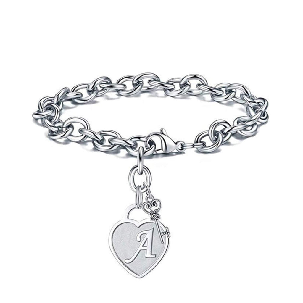 [Australia] - QeenseKc Initial A-Z Heart Key Charm Letter Bracelet Stainless Steel Anklet Personalized Wrist for Women 7.87" 