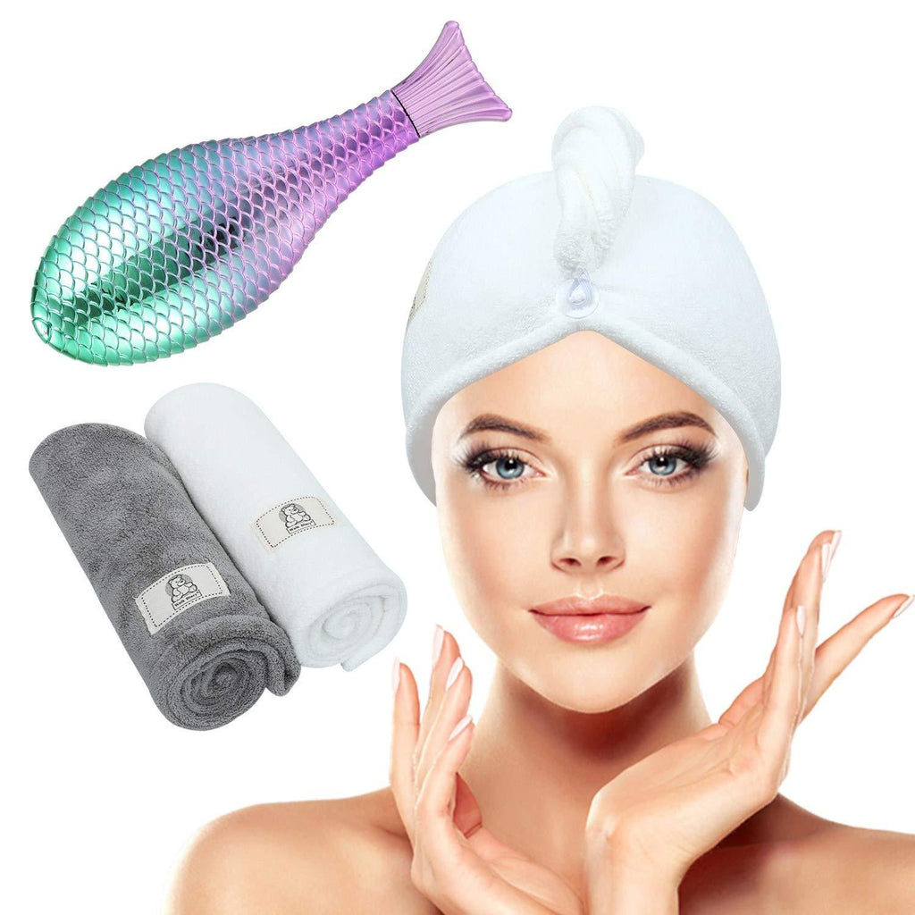 [Australia] - Walk Diary Microfiber Hair Towel Wrap with Hair Brush Dry or Wet Scalp Massager Brush 3 Pack White & Grey and Mermaid 