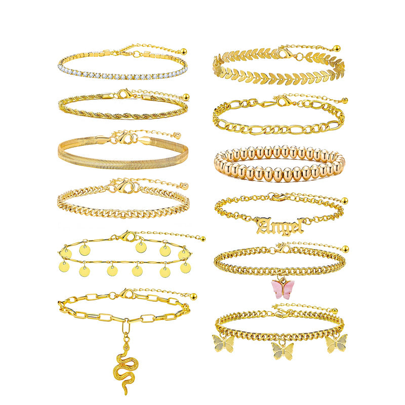 [Australia] - ÌF ME 6-12 Pcs Gold Ankle Bracelets Set for Women Girls Adjustable Chain Butterfly Beach Anklet Bracelet Set for Foot Jewelry Gifts 12 pcs 