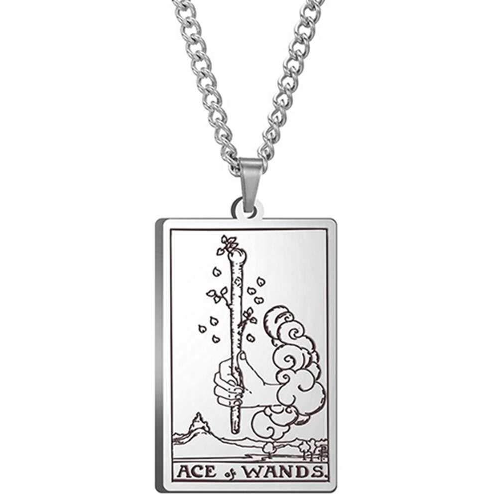 [Australia] - Retro Vintage Stainless Steel Tarot Card Rider Waite Pendant Necklace Ace of Wands 