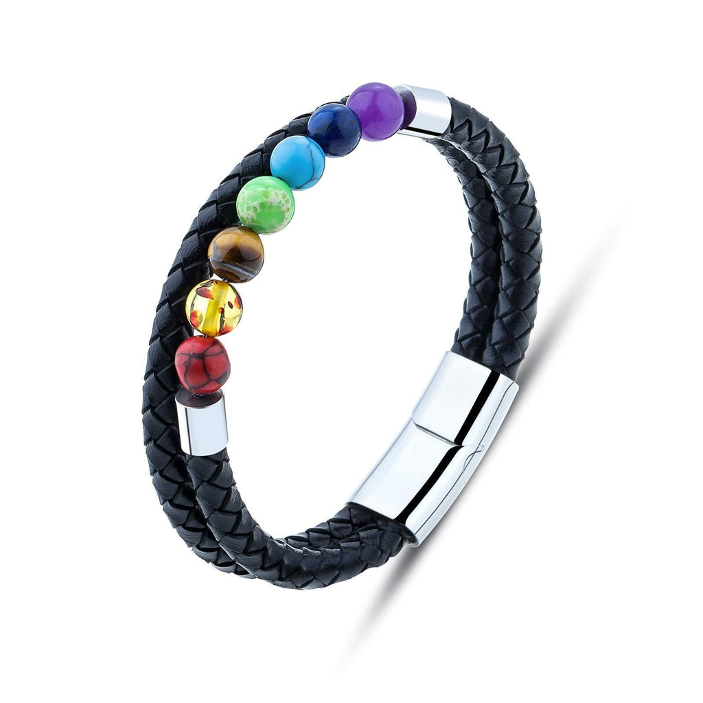 [Australia] - QGoliver Leather Beads Bracelet Men Women Natural Stone Bead Steel and 7 Chakra Genuine Leather Bracelet with Magnetic Clasp for Men Style 1, 7 Chakra Stone 