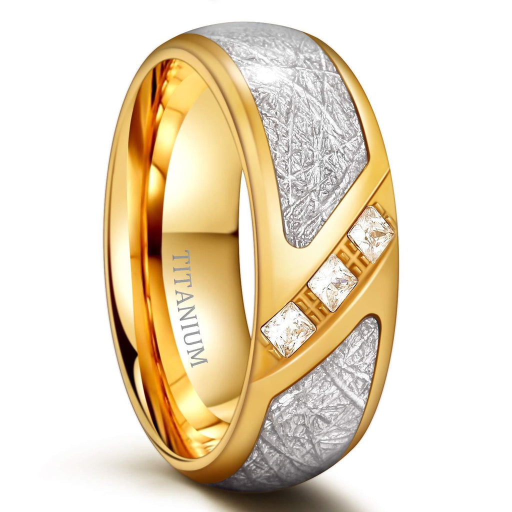 [Australia] - TIGRADE 8mm Gold Titanium Ring for Men Women Cubic Zirconia Meteorite Inlay Dome Polished Wedding Band Comfort Fit Size 7-12 