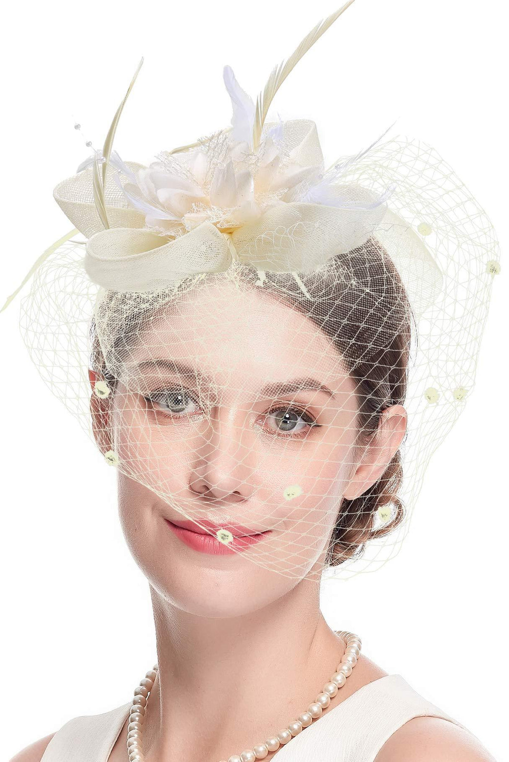 [Australia] - Cizoe Fascinator Hats for Women Tea Party Headband Kentucky Derby Wedding Flower Mesh Veil Fascinator A-beige 