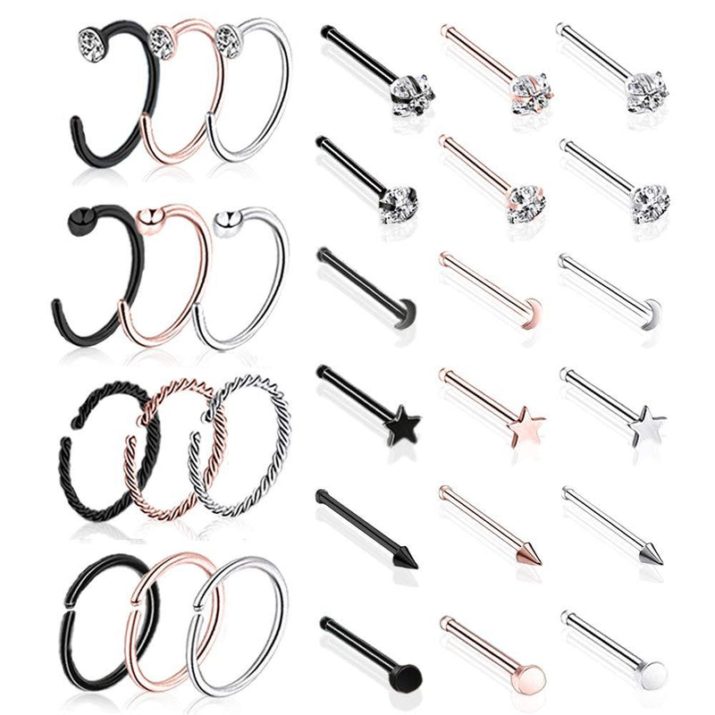 [Australia] - 20G Nose Rings Studs Silver and Black Surgical Steel Diamond for Women and Men(L & Bone & Screw Shaped)… L shaped + hoop 