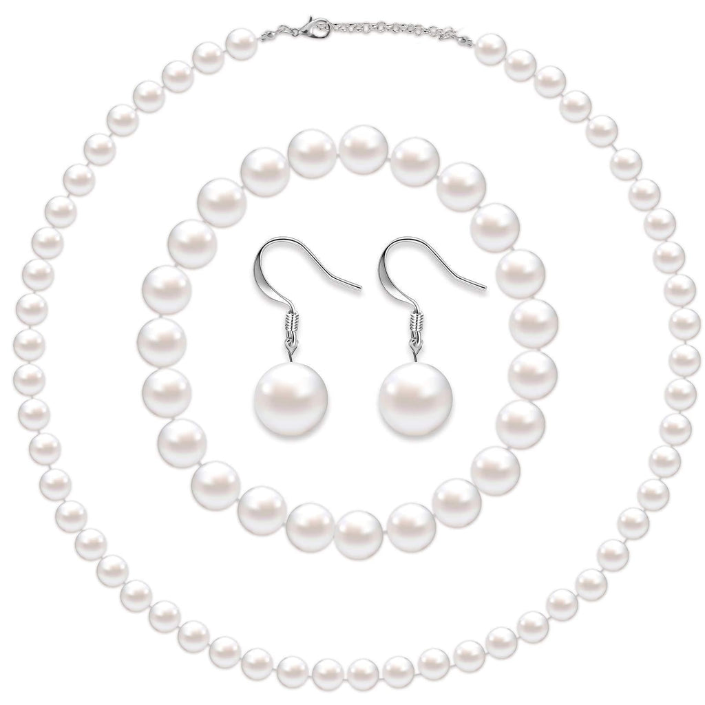 [Australia] - Faux Pearl Jewelry Set Simulated Pearl Necklace Bracelet Earrings for Women Girls White 6 mm 