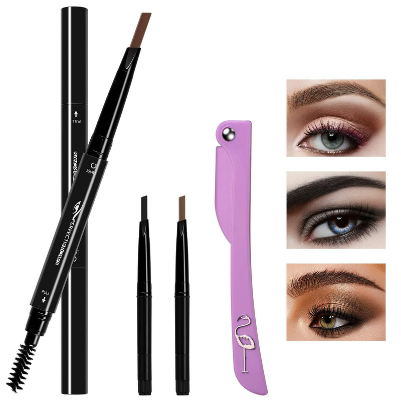 [Australia] - Movo 4 in 1 Replaceable 3 Colors Eyebrow Pencil Set – Dual Ended Brow Pencil with Retractable Triangle Tip and Spoolie Brush, Waterproof 1 Black color and 2 Dark Brown and Light Brown Replaceable Refills + 1 Eyebrow Razor 