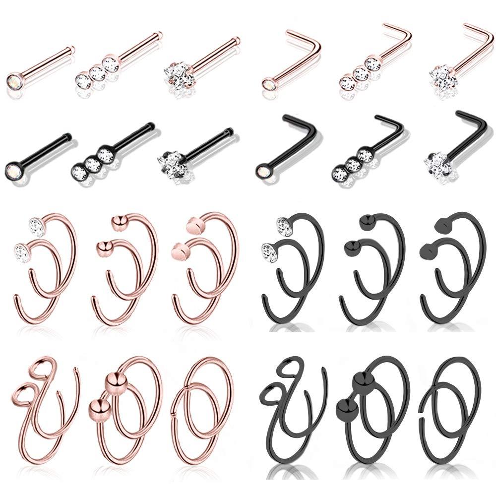 [Australia] - Nose Rings 20G L Shaped Nose Rings Studs Surgical Steel Nose Ring Diamond Piercing Jewelry for Women Men Black+rose gold 