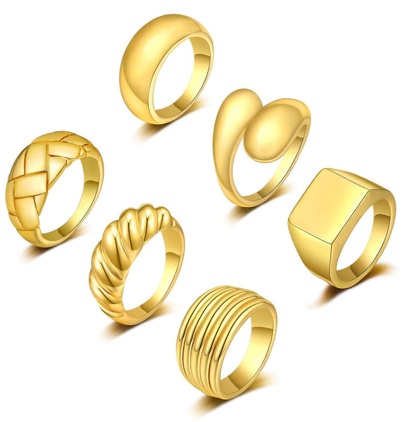 [Australia] - KOHOTA 6PCS Thick Dome Chunky Rings for Women 18K Gold Plated Braided Twisted Signet Ring Big Croissant Ring Minimalist Statement Ring Size 5-9 Gold Color 