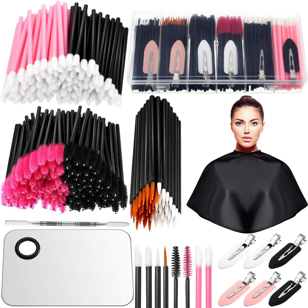 [Australia] - 260 Pieces Disposable Makeup Tools Kit, Includes Eyeliner Brushes Mascara Wands Lipstick Applicators Makeup Hair Clips Plastic Box Short Waterproof Cape Stainless Steel Makeup Palette and Spatula 