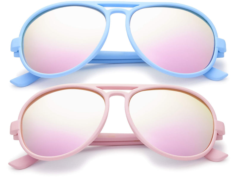 [Australia] - Toddler Baby Infant Polarized Aviator Sunglasses for Boys Girls Kids Age 0-4 2-pack Mirrored: Baby Blue + Baby Pink 