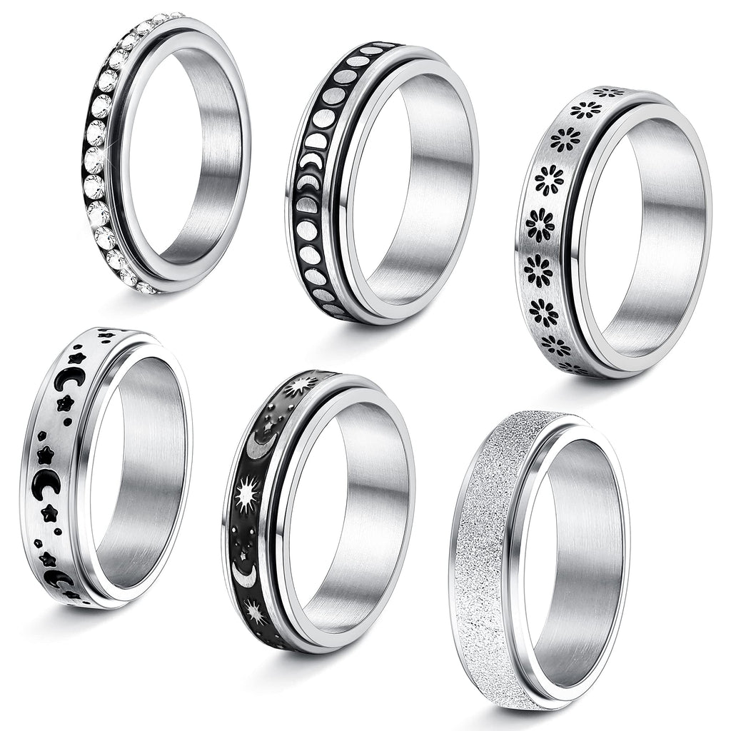 [Australia] - Jstyle 6Pcs Stainless Steel Fidget Band Rings for Women Mens Spinner Rings Moon Star Flower CZ Ring Set Stress Relieving Wedding Promise Ring Size 5-10 