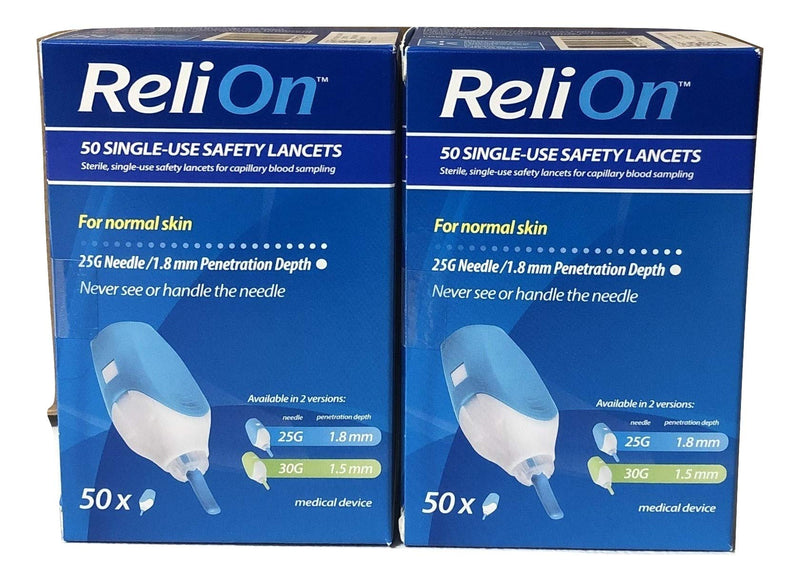 [Australia] - ReliOn Safety Lancets, 6" Tote, Bundle 50 Single Use 25G 2 Pack 