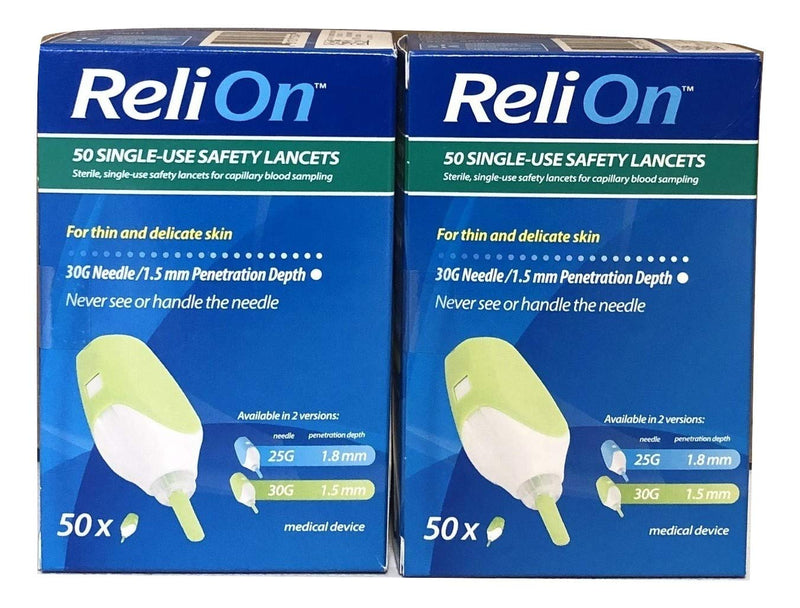 [Australia] - ReliOn Safety Lancets with 6" Tote 50 Single Use 30G 2 Pack 