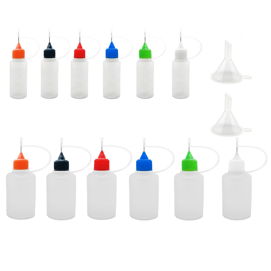 [Australia] - 12 Pcs Precision Tip Applicator Bottles, MYYZMY 6 Pcs 1 Ounce and 6 Pcs 0.5 Ounce Translucent Glue Bottles, with 2 Mini Funnel, Multicolor Lids 