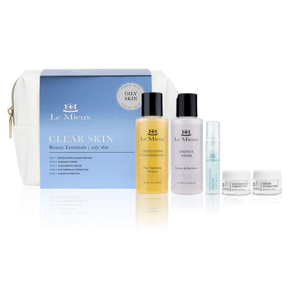 [Australia] - Le Mieux Clear Skin Beauty Essentials for Oily Skin - 5-Piece Skincare Kit - Exfoliating Cleansing Gel, Essence Toner, Hyaluronic Serum, Eye Wrinkle Corrector & Sheer Hydration for Blemish-Prone Skin 
