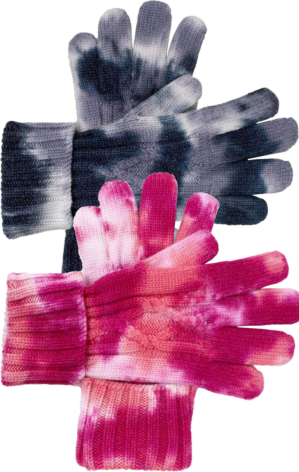 [Australia] - Funky Junque’s Women’s Tie Dye Winter Warm Cable Knit Gloves Mitten 2 Pack - Tie Dye- Fuchsia/Pink & Grey/Charcoal 