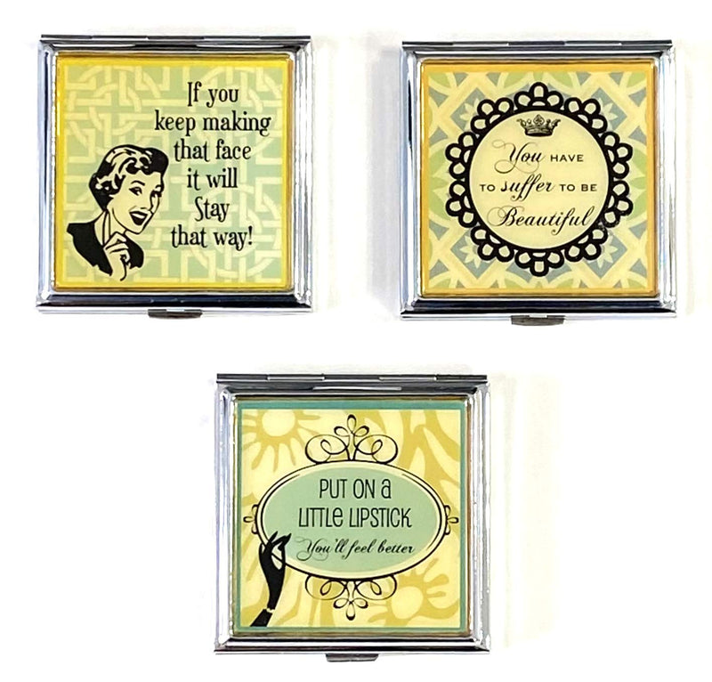 [Australia] - 3 Retro Compact Mirror Diva Sassy Remarks Travel Pocket Purse “You Have to Suffer to be Beautiful” “Put on a Little Lipstick You’ll Feel Better” “If You Keep Making That face it Will Stay That Way” 