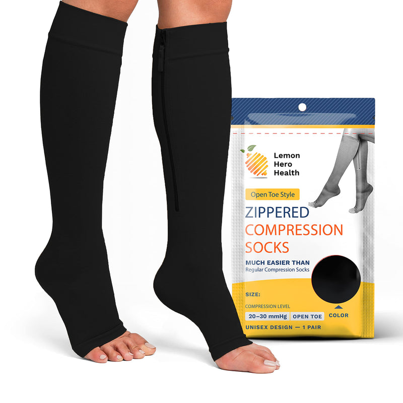 [Australia] - Zipper Compression Socks 20-30mmHg Open Toe with Zip Guard Skin Protection - Medical Zippered Compression Socks for Men & Women - 2XL, Black 