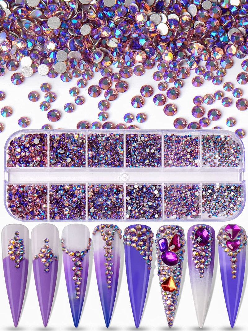 [Australia] - Warmfits 3600pcs Nail Art Rhinestone Purple Flame ab Rhinestones Beads Nail Gems Round Shaped Flatback Gems Stones Studs 6 Sizes with Box for Nail Design Craft Art Shoes Amethyst AB 