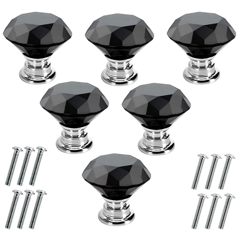 [Australia] - Akstore 6 Pcs Crystal Glass Cabinet Knobs 30mm Diamond Shape Drawer Kitchen Cabinets Dresser Cupboard Wardrobe Pulls Handles (30mm, Black) 30 mm 