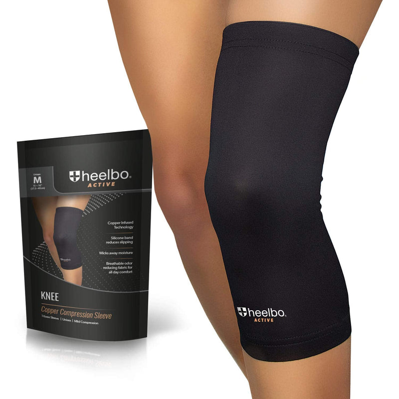 [Australia] - Heelbo Knee Compression Sleeve with Copper Infused Fibers and Breathable Fabric for Knee Pain Relief, Knee Support, Sore Muscles and Joints for Running, Jogging, Hiking or Arthritis, Black, Medium Medium (Pack of 1) 