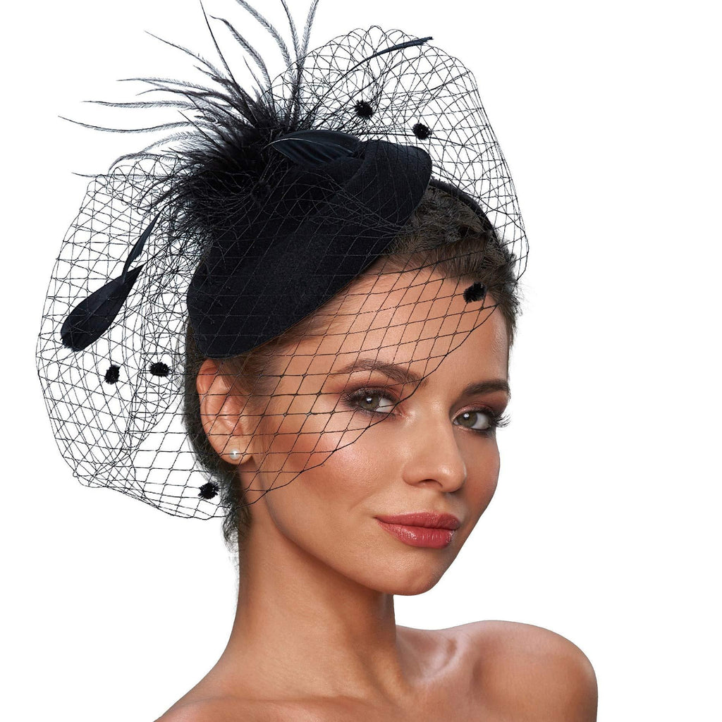 [Australia] - Zivyes Fascinator Hats for Women Pillbox Hat with Veil Headband and a Forked Clip Tea Party Headwear 1-0-black 