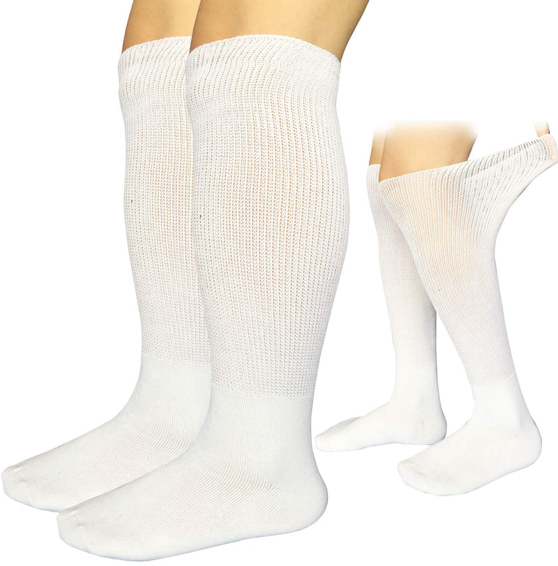 [Australia] - MOLAX Extra Width Diabetic Socks for Lymphedema, Bariatric Non Binding Knee High Sock for Swollen Edema Cast Feet Oversized Men&Women Legs,Over Calf Slouch Boot Socks 2 Pairs(WhiteKnee-Hi (2 Pairs)) White/Knee-hi (2 Pairs) 