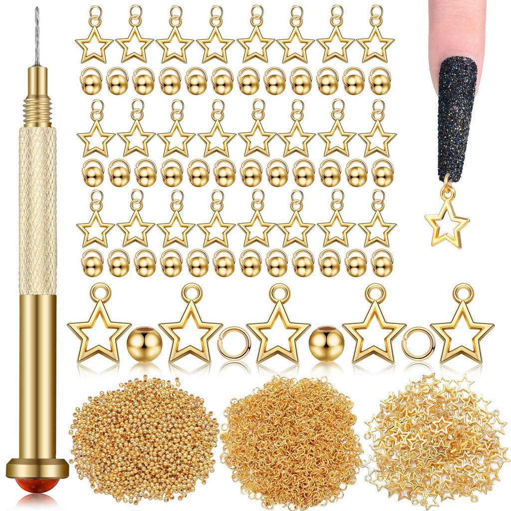 [Australia] - 2101 Pieces Dangle Nail Art Charms, Include 1000 Pcs Nail Jewelry Rings, 1000 Pcs Beaded and 100 Pcs Star Accessories with Nail Piercing Tool Hand Drill for Nails Tip Acrylic Gel Decoration (Gold) Gold 