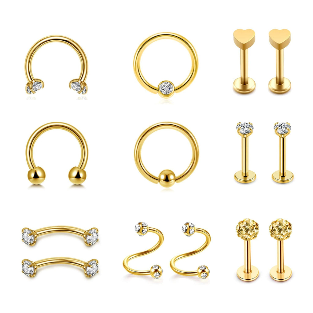 [Australia] - JOVIVI 16G Lip Rings Stainless Steel Monroe Labret Studs Cartilage Tragus Earrings Nose Ring Hoop Lobe Daith Rook Helix Earring Stud Barbell Piercing Jewelry for Women Men 14 Pcs Gold 