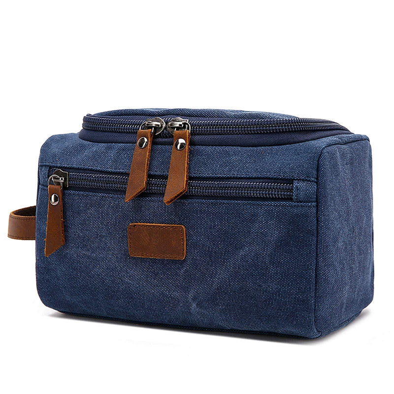 [Australia] - Mens Travel Toiletry Bag Dopp Kit - w/ PU Leather Handle Water Resistant Shaving Dopp Kit Travel Organizer Bag for Men - Best Gift for Men Father Denim Blue 