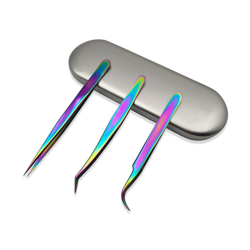 [Australia] - Eyelash Tweezers, 3-Pack, Hand Calibrated Straight, Curved Tips and Volume Tweezer, Stainless Steel Lash Tweezers for Eyelash Extensions False Lash Application Tools (Rainbow) Rainbow 