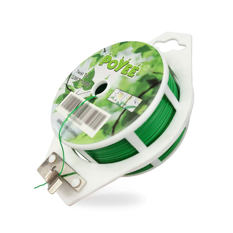 [Australia] - POYEE 328ft (100m) Garden Twist Tie, Green PE Plastic Coated Plant Twist Tie with Cutter for Gardening and Office Organization, Home 1 Pack 