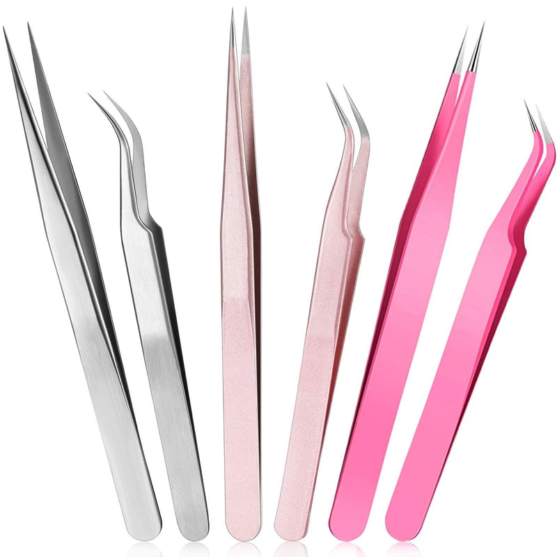 [Australia] - 6 Pieces Eyelash Extension Tweezers, Straight and Curved Tip Stainless Steel Tweezers Nippers Volume Lash Tweezers for Eyelash Extensions False Lash Application Tools (Colorful) Colorful 