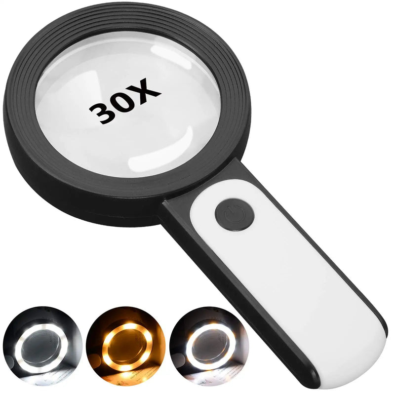 [Australia] - JMH Magnifying Glass with Light, 30X Handheld Large Magnifying Glass 18LED Cold and Warm Light with 3 Modes, Illuminated Lighted Magnifier for Seniors Reading, Inspection, Coins, Jewelry, Exploring Black 