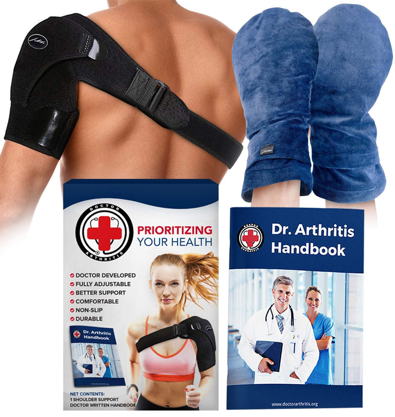 [Australia] - Bundle: Heat Therapy Arthritis Gloves (Lavender Scented, Universally Sized, 1 Pair, Blue) + Shoulder Support (Black) 