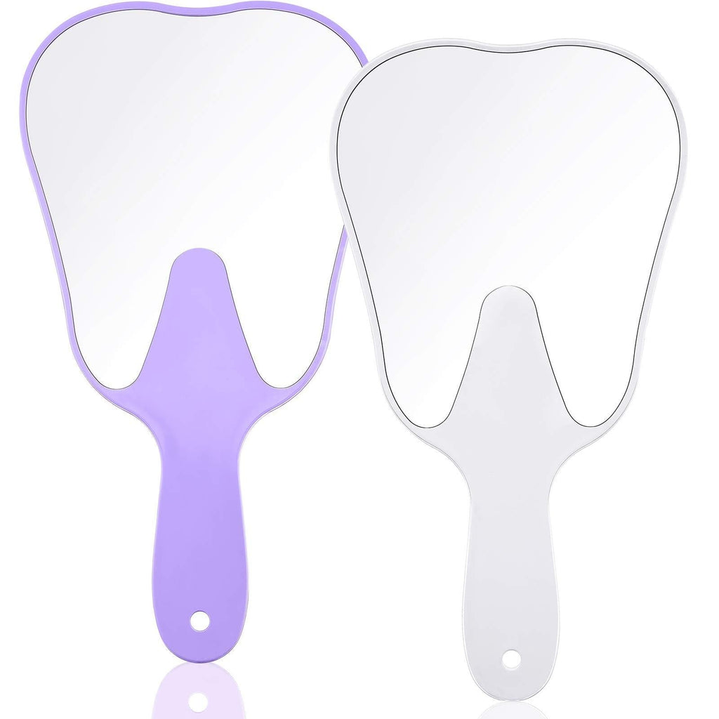 [Australia] - 2 Pieces Tooth Shaped Handheld Mirror Cute Tooth Shaped Mirror Makeup Hand Held Plastic Mirrors with Handle Cosmetic Hand Mirror for Women Men Girls and Kids (White, Purple) White, Purple 