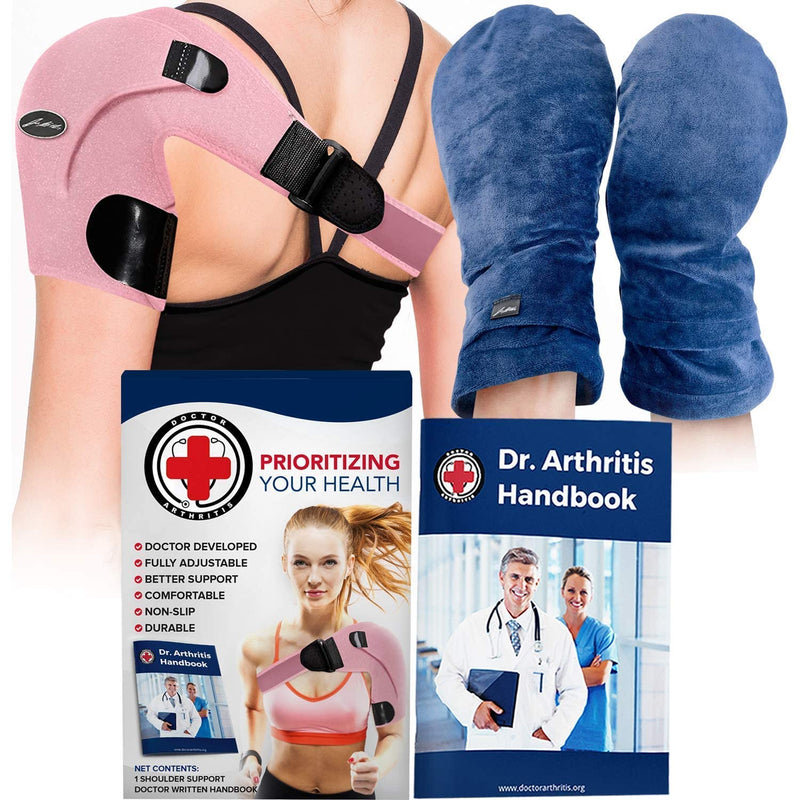 [Australia] - Bundle: Heat Therapy Arthritis Gloves (Lavender Scented, Universally Sized, 1 Pair, Blue) + Shoulder Support (Pink) 