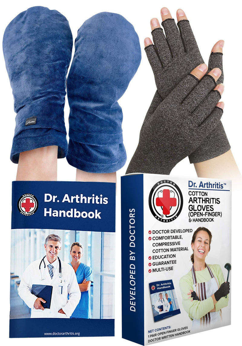 [Australia] - Bundle: Heat Therapy Arthritis Gloves (Lavender Scented, Universally Sized, 1 Pair, Blue) + Compression Gloves (1 Pair, L) 