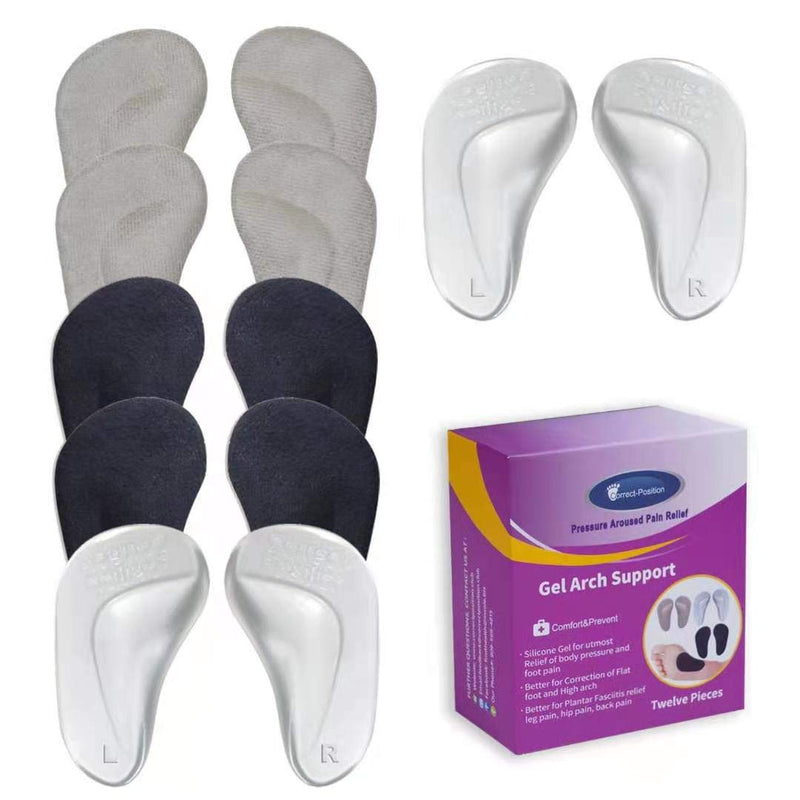 [Australia] - Arch Support Shoe Inserts for Women,Arch Support Insoles for Flat Feet Plantar Fasciitis Relieve Pain 12 Pieces Gel Foot Arch Supports Reusable Arch Pads 2 Black，2 Beige，2 Clear 12 Count (Pack of 1) 