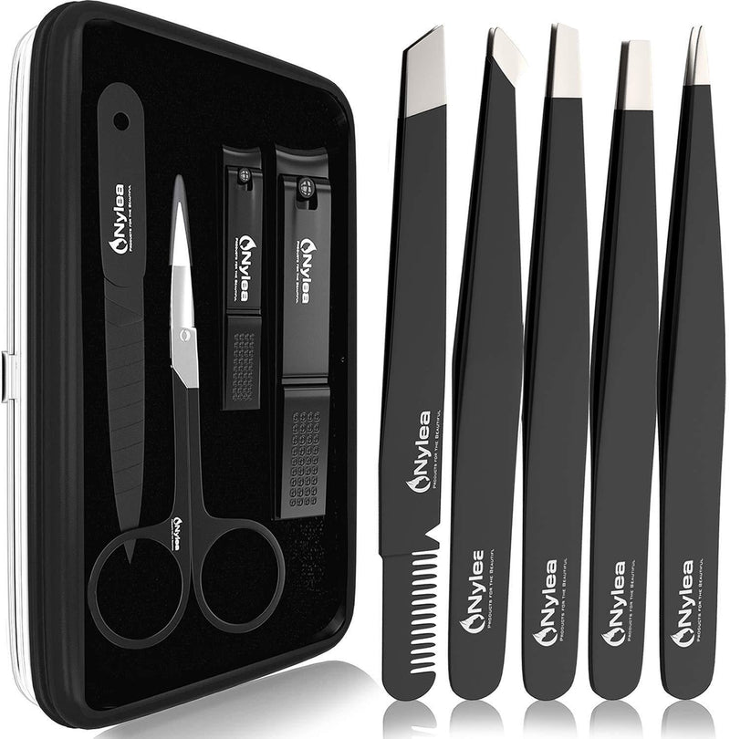 [Australia] - Nylea Tweezers Set and Nail Clippers for Men and Women - Stainless Steel for Eyebrows - Tweezer Kit for Ingrown Hair - Best Precision Slant Tip Facial Hair and Eyelashes - 9pcs 
