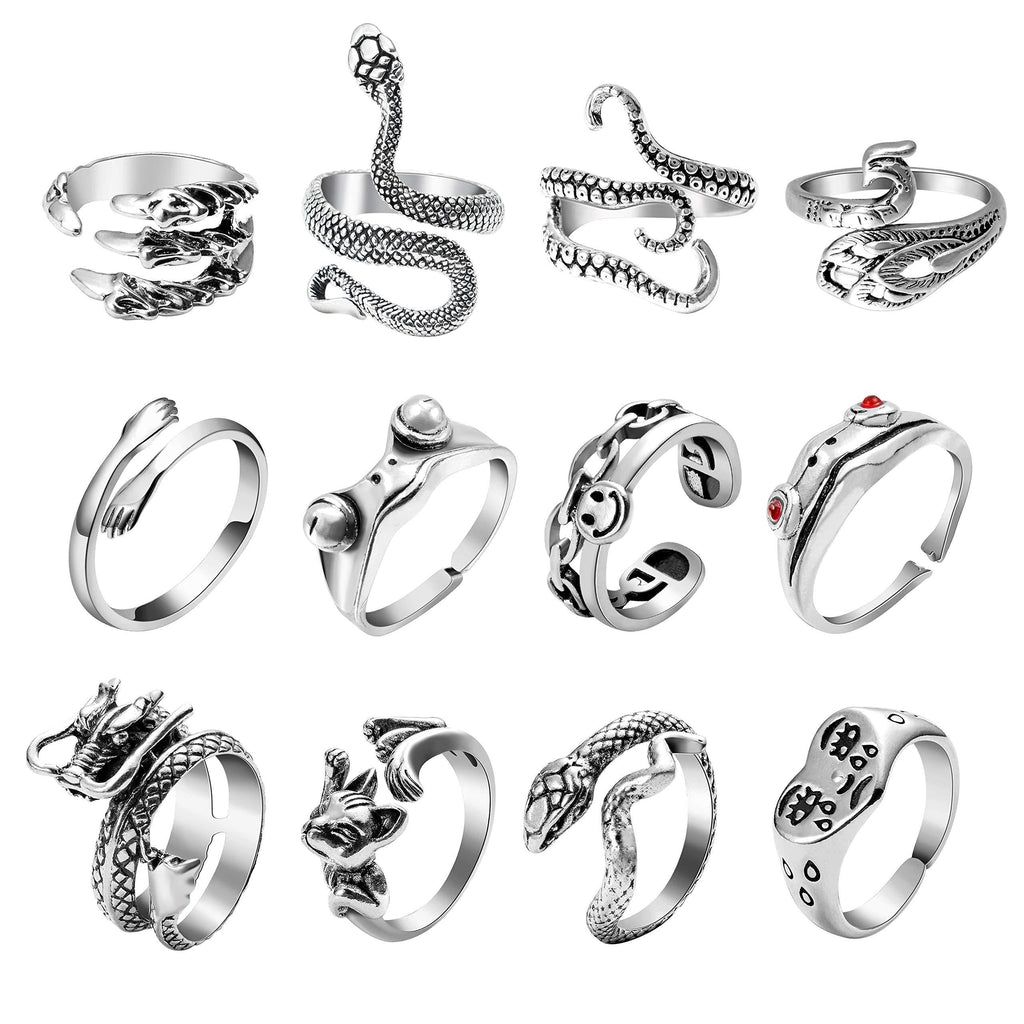 [Australia] - A1diee 12 Pcs Vintage Opening Punk Rings Set, Stainless Steel Alloy Biker Adjustable Rings, Snake Chinese Dragon Claw Octopus Frog Rings, Fashion Retro Gothic Knuckle Ring Black Silver Antique Jewelry 