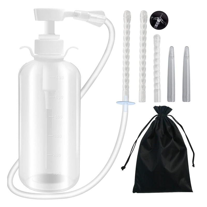 [Australia] - 600ml Feminine Wash Enema Pump Bottle Kit 5Pcs Enema Nozzle Tips for Coffee Colon Cleansing Men Women, Large Anal Vaginal Douche Flush Spray Irrigator Cleanser Enema Kit Bucket Portable Handy Pressure 
