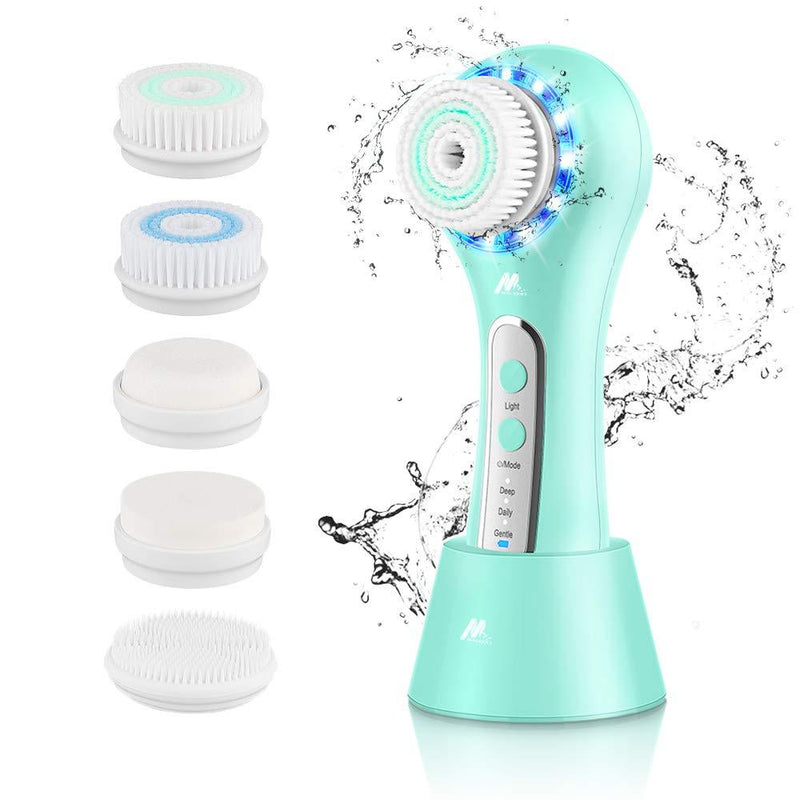 [Australia] - MALKERT Facial Cleansing Brush with 5 Brush Heads, 3 Modes Skin Care Brush Device, Electric Rechargeable Waterproof Face Spin Brush, Massager for Deep Cleansing and Scrubbing, Exfoliating Green 