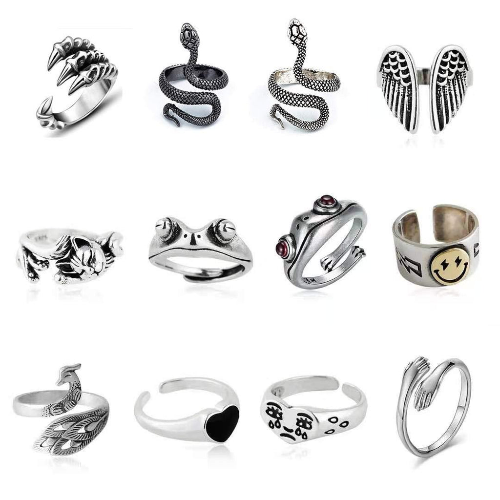 [Australia] - 12 Pcs Silver Plated Frog Rings Set, Cute Animal Open Rings Pack, Vintage Goth Hippie Matching Rings, Cute and Stylish, Snake, Hug, Cat, Lucky Face Rings for Couples, Gift for Women Men Girls 