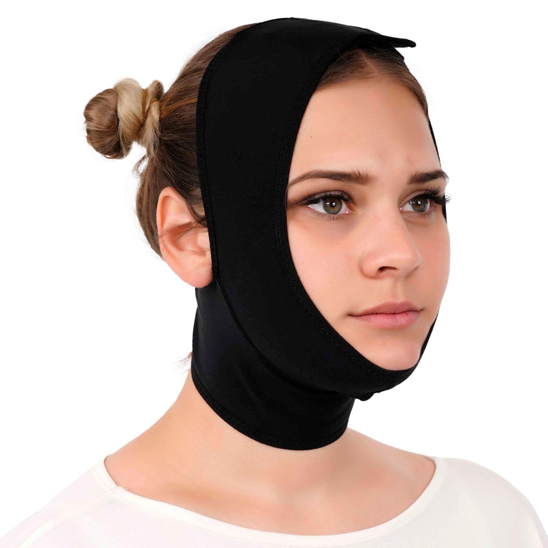 [Australia] - Post Surgery Neck and Chin Compression Garment Wrap Bandage for Women, Face Slimmer, Jowl Tightening, Neck Coverage, Chin Lifting Strap Black Medium (Pack of 1) 