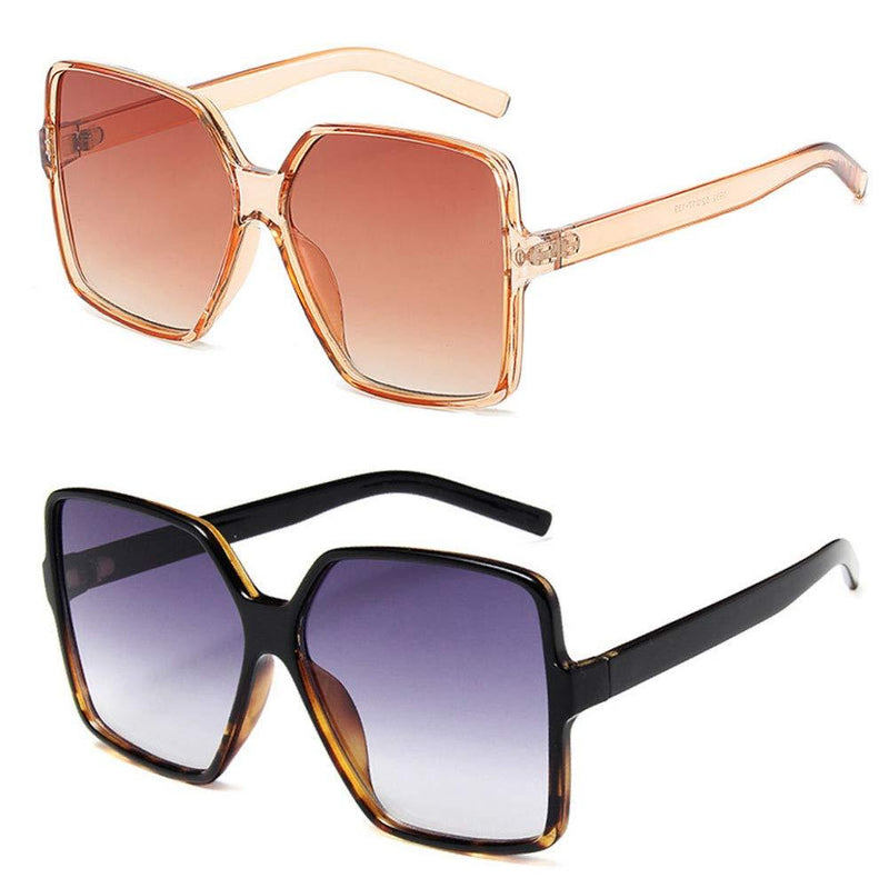 [Australia] - Dollger Oversized Square Sunglasses for Women Big Large Wide Fashion Shades for Men 100% UV Protection Unisex 2 Pcs,transparent Brown+leopard 