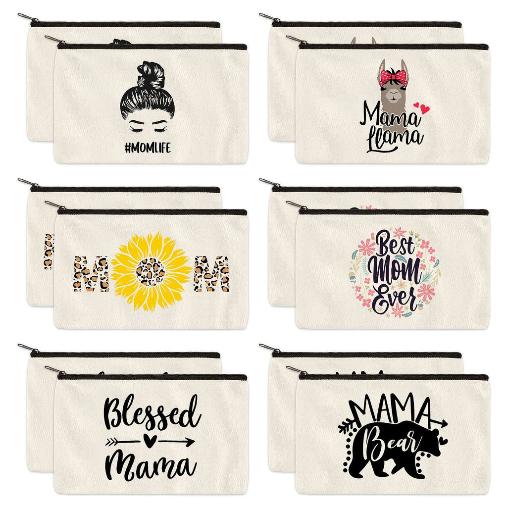 [Australia] - PARBEE 12 Set Mom Makeup Cosmetic Bag Canvas Zipper Pouches Toiletry Case for Mother's Day Gifts Women Birthday Best Mom Ever Mama Bear 